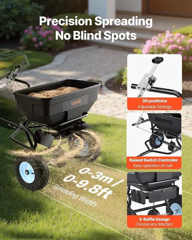 Alt view image 2 of 7 - Tow Behind Broadcast Spreader, 130LBS Capacity, Tow/Push Garden Spreader with 13 in Tires, 30 Adjustable Setting & 9.8 ft Spreading Width, Lawn Spreaders for Seed, Fertilizer, Salt, Ice Melt