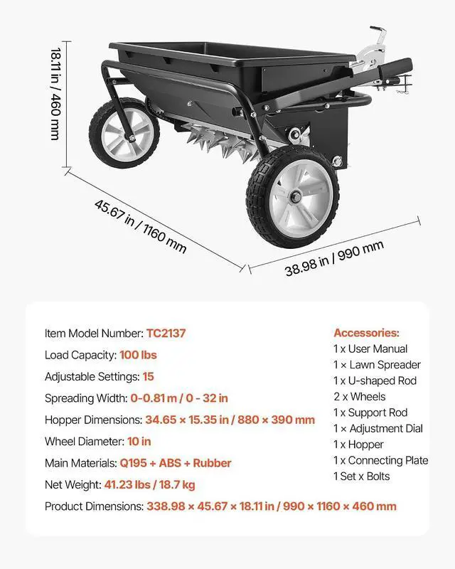 Alt view image 7 of 7 - Tow Behind Lawn Spreader with Aeration Spikes, 32 in Spreading Width, Broadcast Spreader with Universal Hitch, Garden Seeder & Soil Aerator with 100lbs Capacity & 10 in Tires for ATVs UTVs