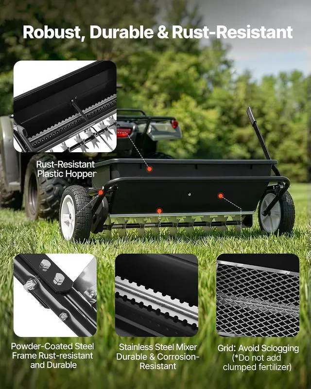 Alt view image 5 of 7 - Tow Behind Lawn Spreader with Aeration Spikes, 32 in Spreading Width, Broadcast Spreader with Universal Hitch, Garden Seeder & Soil Aerator with 100lbs Capacity & 10 in Tires for ATVs UTVs
