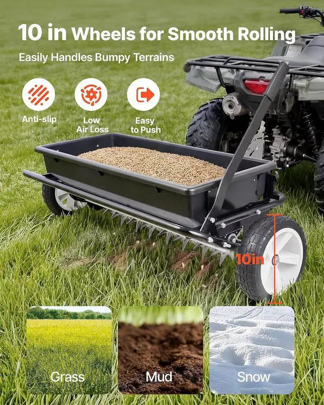 Alt view image 3 of 7 - Tow Behind Lawn Spreader with Aeration Spikes, 32 in Spreading Width, Broadcast Spreader with Universal Hitch, Garden Seeder & Soil Aerator with 100lbs Capacity & 10 in Tires for ATVs UTVs