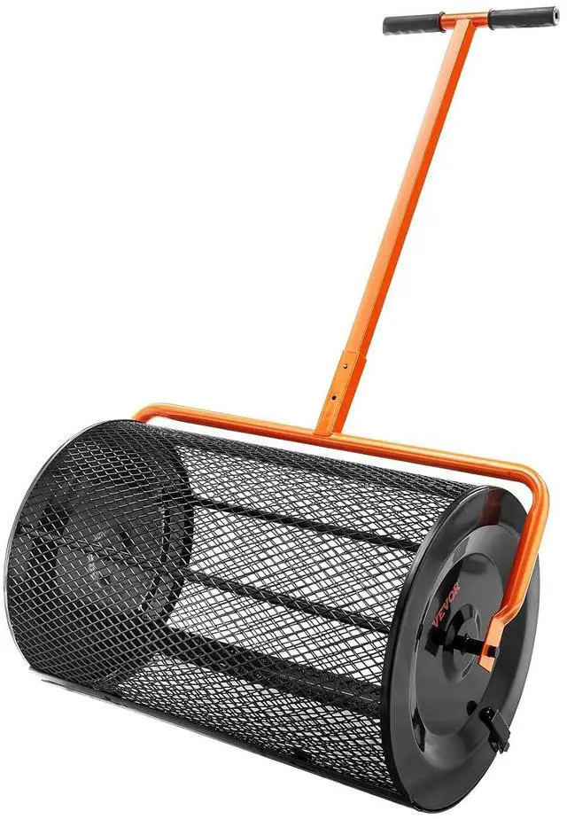 Main image of Compost Spreader, 24.4-25.6" Height Adjustable Handle, 24" Wide, Lawn and Garden Peat Moss Roller with Side Latches, Powder Coated Steel Mesh Basket for Spreading Manure, Topsoil, Black