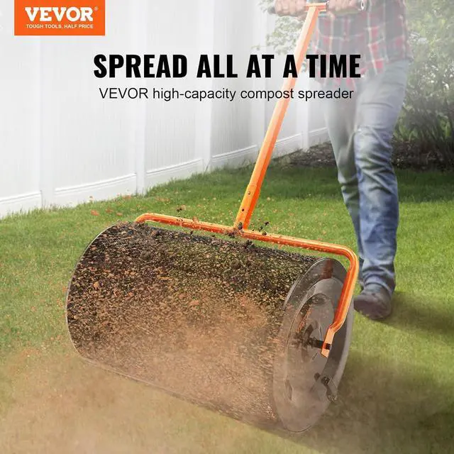 Alt view image 2 of 7 - Compost Spreader, 24.4-25.6" Height Adjustable Handle, 24" Wide, Lawn and Garden Peat Moss Roller with Side Latches, Powder Coated Steel Mesh Basket for Spreading Manure, Topsoil, Black