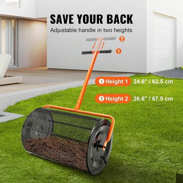 Alt view image 5 of 7 - Compost Spreader, 24.4-25.6" Height Adjustable Handle, 24" Wide, Lawn and Garden Peat Moss Roller with Side Latches, Powder Coated Steel Mesh Basket for Spreading Manure, Topsoil, Black