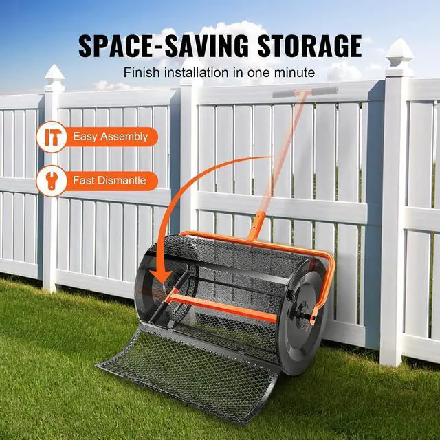 Alt view image 6 of 7 - Compost Spreader, 24.4-25.6" Height Adjustable Handle, 24" Wide, Lawn and Garden Peat Moss Roller with Side Latches, Powder Coated Steel Mesh Basket for Spreading Manure, Topsoil, Black