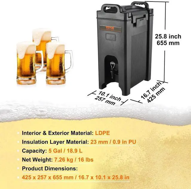 Alt view image 7 of 7 - Insulated Beverage Dispenser, 5 Gallon, Food-grade LDPE Hot and Cold Beverage Server, Thermal Drink Dispenser Cooler with 0.9 in PU Layer Two-Stage Faucet Handle, for Restaurant Drink Shop