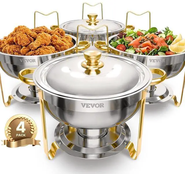Main image of Chafing Dish Buffet Set, 5 Qt 4 Pack, Stainless Steel Chafer with 4 Full Size Pans, Round Catering Warmer Server with Lid Water Pan Folding Stand Clip, for Weddings Parties Banquets, Gold