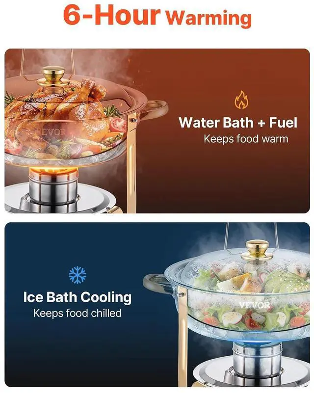 Alt view image 2 of 7 - Chafing Dish Buffet Set, 5 Qt 4 Pack, Stainless Steel Chafer with 4 Full Size Pans, Round Catering Warmer Server with Lid Water Pan Folding Stand Clip, for Weddings Parties Banquets, Gold