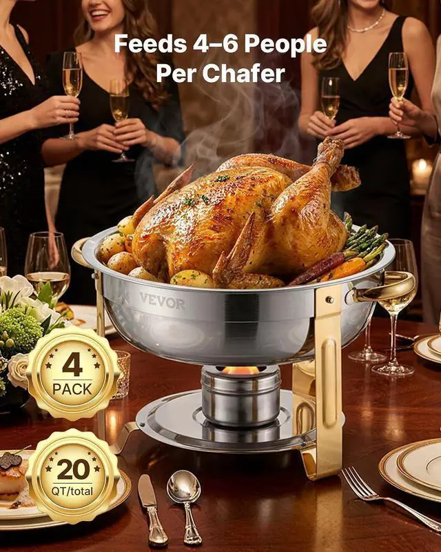 Alt view image 4 of 7 - Chafing Dish Buffet Set, 5 Qt 4 Pack, Stainless Steel Chafer with 4 Full Size Pans, Round Catering Warmer Server with Lid Water Pan Folding Stand Clip, for Weddings Parties Banquets, Gold