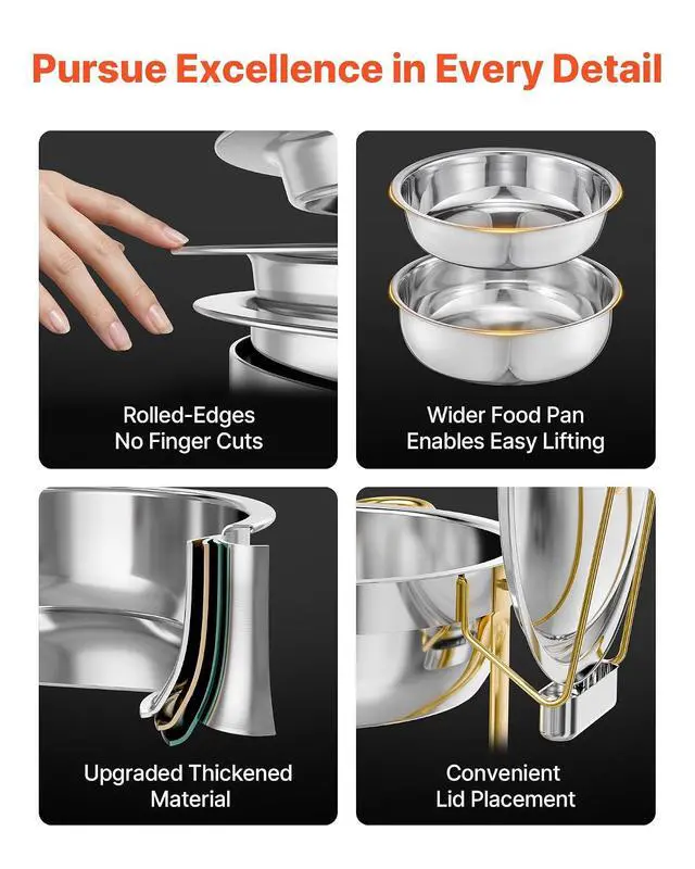 Alt view image 3 of 7 - Chafing Dish Buffet Set, 5 Qt 4 Pack, Stainless Steel Chafer with 4 Full Size Pans, Round Catering Warmer Server with Lid Water Pan Folding Stand Clip, for Weddings Parties Banquets, Gold