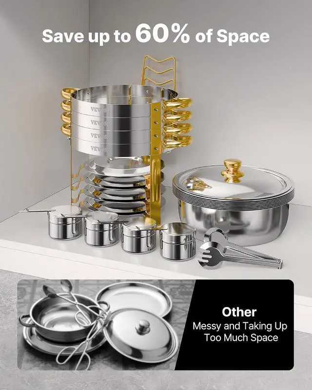 Alt view image 5 of 7 - Chafing Dish Buffet Set, 5 Qt 4 Pack, Stainless Steel Chafer with 4 Full Size Pans, Round Catering Warmer Server with Lid Water Pan Folding Stand Clip, for Weddings Parties Banquets, Gold