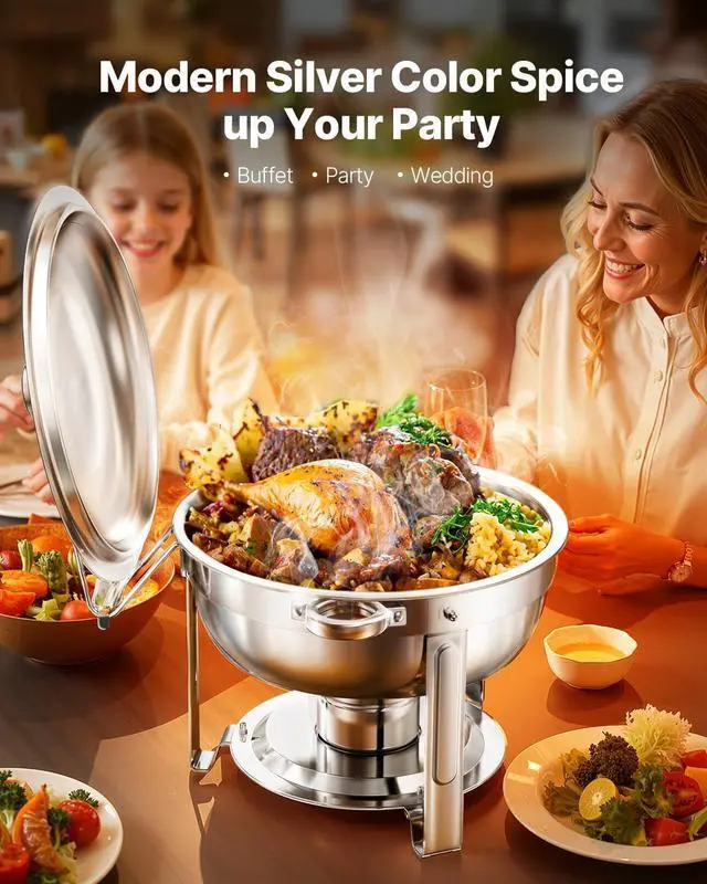 Alt view image 2 of 7 - Chafing Dish Buffet Set, 5 Qt 4 Pack, Stainless Steel Chafer with 4 Full Size Pans, Round Catering Warmer Server with Lid Water Pan Folding Stand Clip, for Weddings Parties Banquets, Silver