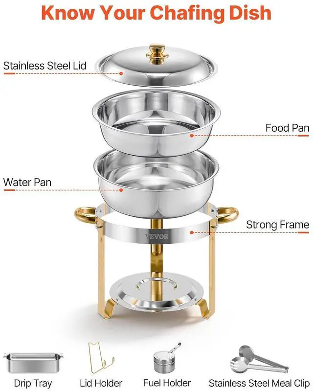 Alt view image 7 of 7 - Chafing Dish Buffet Set, 5 Qt 4 Pack, Stainless Steel Chafer with 4 Full Size Pans, Round Catering Warmer Server with Lid Water Pan Folding Stand Clip, for Weddings Parties Banquets, Gold