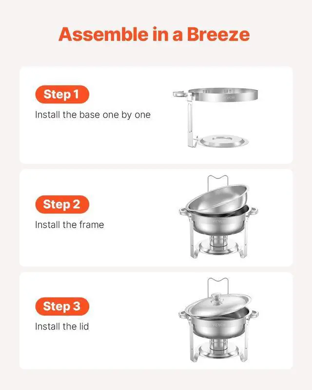 Alt view image 5 of 7 - Chafing Dish Buffet Set, 5 Qt 4 Pack, Stainless Steel Chafer with 4 Full Size Pans, Round Catering Warmer Server with Lid Water Pan Folding Stand Clip, for Weddings Parties Banquets, Silver