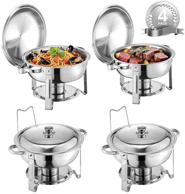 Main image of Chafing Dish Buffet Set, 5 Qt 4 Pack, Stainless Steel Chafer with 4 Full Size Pans, Round Catering Warmer Server with Lid Water Pan Folding Stand Clip, for Weddings Parties Banquets, Silver
