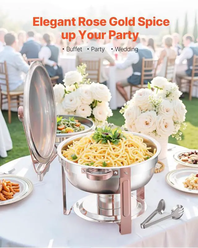 Alt view image 2 of 7 - Chafing Dish Buffet Set, 5 Qt 4 Pack, Stainless Steel Chafer with 4 Full Size Pans, Round Catering Warmer Server with Lid Water Pan Folding Stand Clip, for Weddings Parties Banquets, Rose Gold