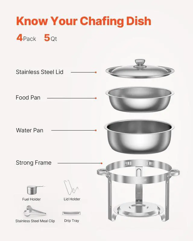 Alt view image 6 of 7 - Chafing Dish Buffet Set, 5 Qt 4 Pack, Stainless Steel Chafer with 4 Full Size Pans, Round Catering Warmer Server with Lid Water Pan Folding Stand Clip, for Weddings Parties Banquets, Silver