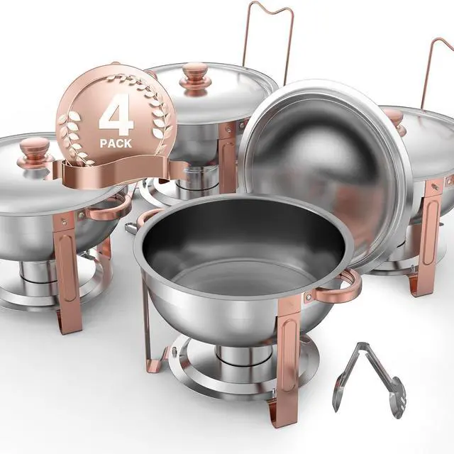 Main image of Chafing Dish Buffet Set, 5 Qt 4 Pack, Stainless Steel Chafer with 4 Full Size Pans, Round Catering Warmer Server with Lid Water Pan Folding Stand Clip, for Weddings Parties Banquets, Rose Gold