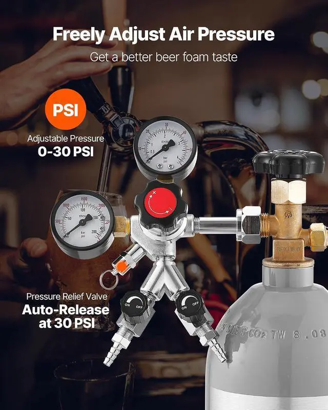Alt view image 2 of 7 - CO2 Regulator, Dual-Gauge Dual-Valve Beer Keg Regulator, 060 PSI Adjustable Pressure, Heavy-Duty CO2 Tank Gas Regulator with 2 Check Valves, for Draft Beer Homebrewing, Fits CGA320 Interface