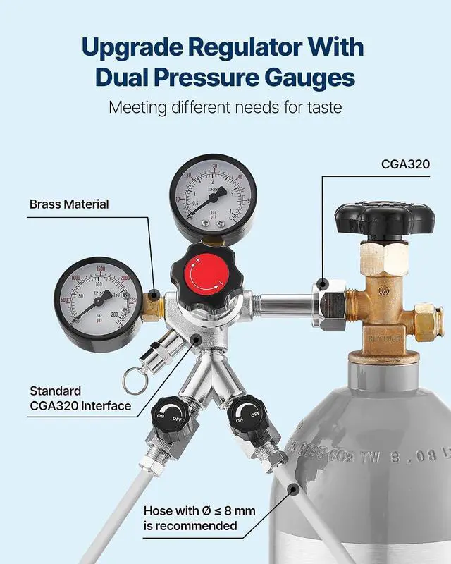 Alt view image 5 of 7 - CO2 Regulator, Dual-Gauge Dual-Valve Beer Keg Regulator, 060 PSI Adjustable Pressure, Heavy-Duty CO2 Tank Gas Regulator with 2 Check Valves, for Draft Beer Homebrewing, Fits CGA320 Interface