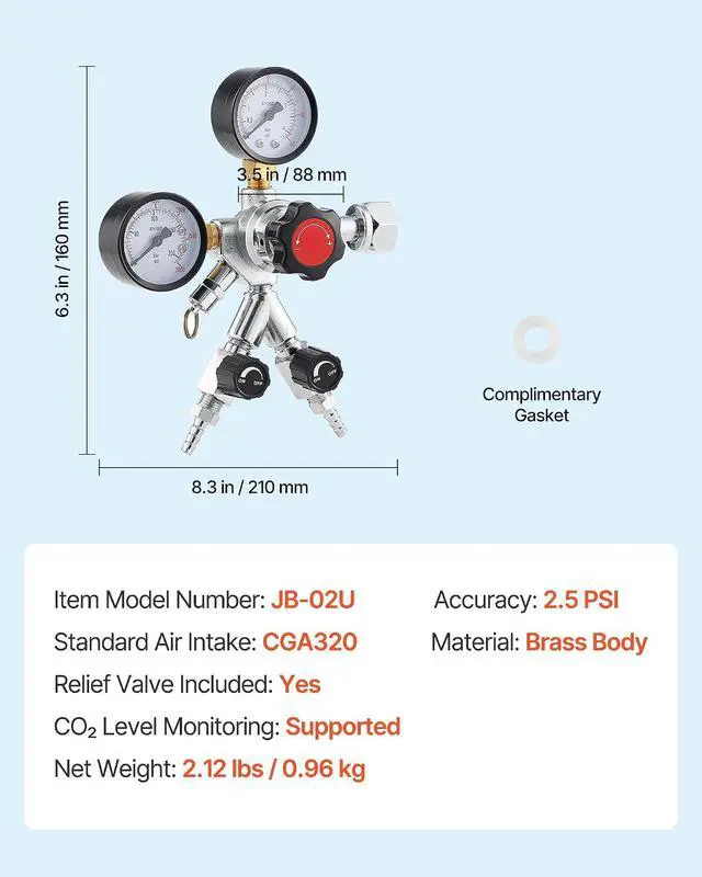 Alt view image 7 of 7 - CO2 Regulator, Dual-Gauge Dual-Valve Beer Keg Regulator, 060 PSI Adjustable Pressure, Heavy-Duty CO2 Tank Gas Regulator with 2 Check Valves, for Draft Beer Homebrewing, Fits CGA320 Interface