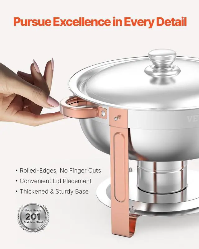 Alt view image 4 of 7 - Chafing Dish Buffet Set, 5 Qt 4 Pack, Stainless Steel Chafer with 4 Full Size Pans, Round Catering Warmer Server with Lid Water Pan Folding Stand Clip, for Weddings Parties Banquets, Rose Gold