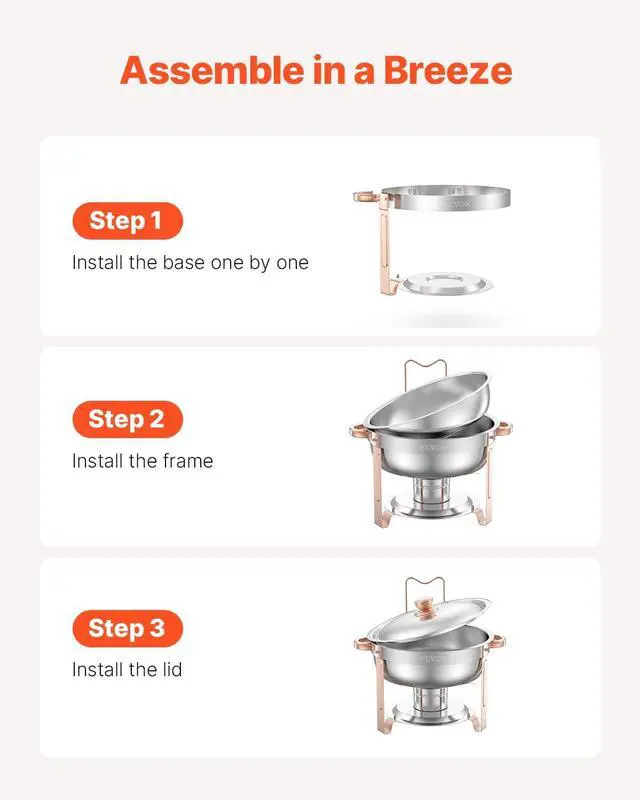 Alt view image 5 of 7 - Chafing Dish Buffet Set, 5 Qt 4 Pack, Stainless Steel Chafer with 4 Full Size Pans, Round Catering Warmer Server with Lid Water Pan Folding Stand Clip, for Weddings Parties Banquets, Rose Gold