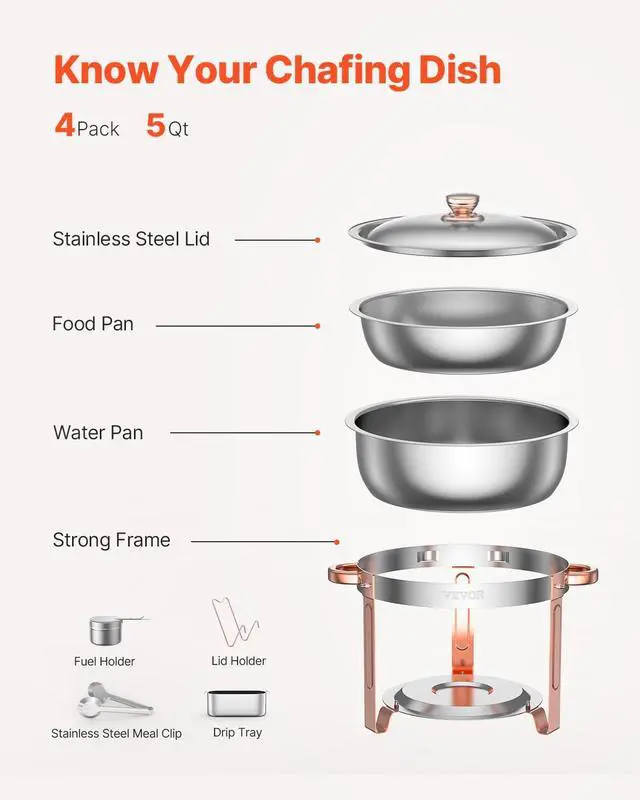 Alt view image 6 of 7 - Chafing Dish Buffet Set, 5 Qt 4 Pack, Stainless Steel Chafer with 4 Full Size Pans, Round Catering Warmer Server with Lid Water Pan Folding Stand Clip, for Weddings Parties Banquets, Rose Gold