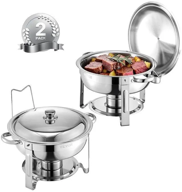 Main image of Chafing Dish Buffet Set, 5 Qt 2 Pack, Stainless Steel Chafer with 2 Full Size Pans, Round Catering Warmer Server with Lid Water Pan Folding Stand Clip, for Weddings Parties Banquets, Silver