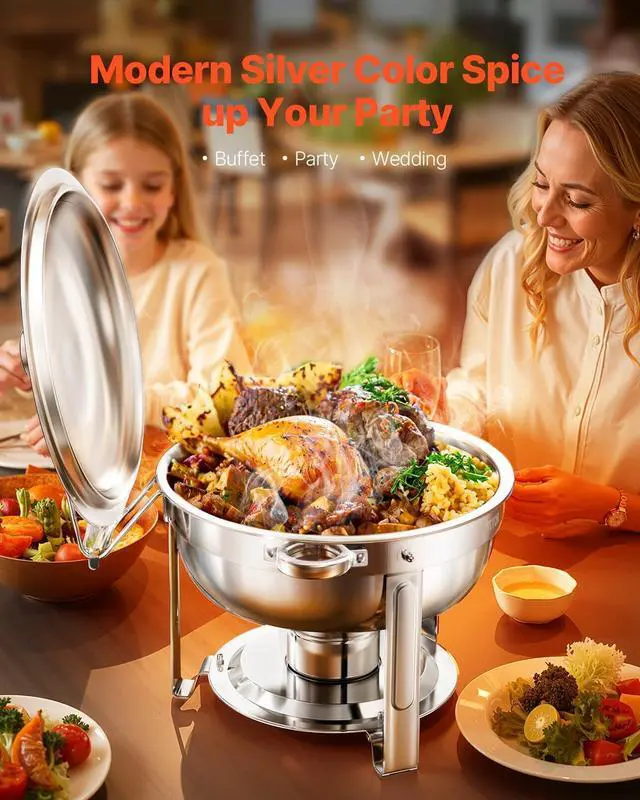 Alt view image 2 of 7 - Chafing Dish Buffet Set, 5 Qt 2 Pack, Stainless Steel Chafer with 2 Full Size Pans, Round Catering Warmer Server with Lid Water Pan Folding Stand Clip, for Weddings Parties Banquets, Silver