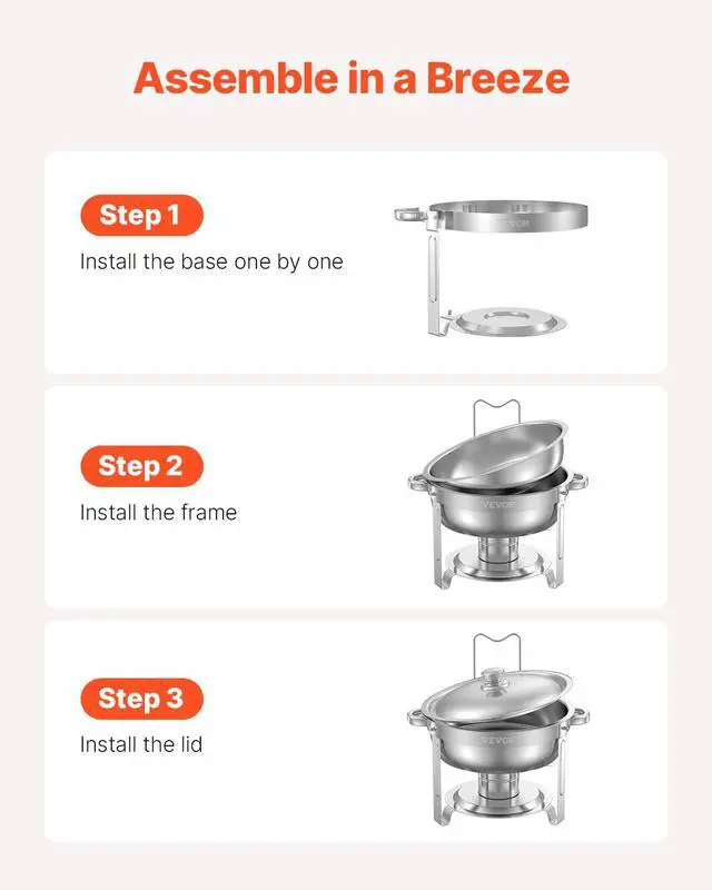 Alt view image 5 of 7 - Chafing Dish Buffet Set, 5 Qt 2 Pack, Stainless Steel Chafer with 2 Full Size Pans, Round Catering Warmer Server with Lid Water Pan Folding Stand Clip, for Weddings Parties Banquets, Silver