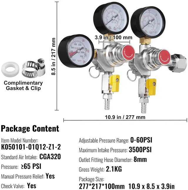 Alt view image 7 of 7 - CO2 Regulator Gauge with 0-60PSI, Heavy Duty CO2 Gauge Gas System, Draft Beer Regulator with Check Valve, Adjustable Pressure Regulator for Draft Beer Homebrew (Triple Gauge Regulator)
