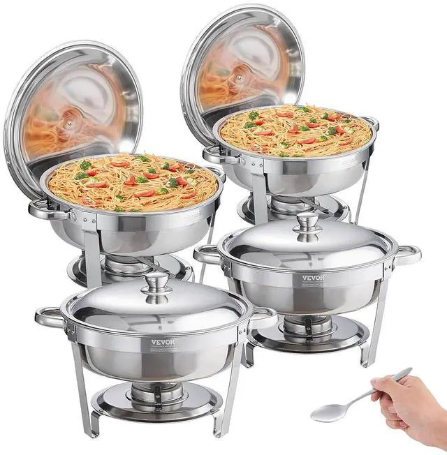 Main image of Chafing Dish Buffet Set, 5 Qt 4 Pack, Stainless Steel Chafer with Full Size Pan, Round Catering Warmer Server with Lid Water Pan Stand Fuel Holder Cover Holder Spoon, for at Least 6 People Each
