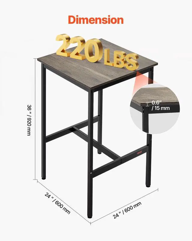 Alt view image 3 of 7 - Bar Table, Sturdy Metal Frame High Top Pub Table, Small Kitchen Dining, Cocktail Coffee Counter Bar Height Desk, Easy to Assemble, 24x24x36 in, for Living Room Party, Rustic Brown and Black