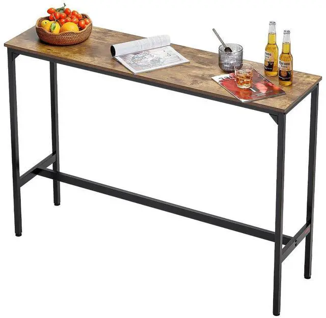 Main image of Bar Table, Sturdy Metal Frame High Top Pub Table, Narrow Long Kitchen Dining, Cocktail Counter Bar Height Desk, Easy to Assemble, 55x15x39 in, for Living Room Party, Rustic Brown and Black