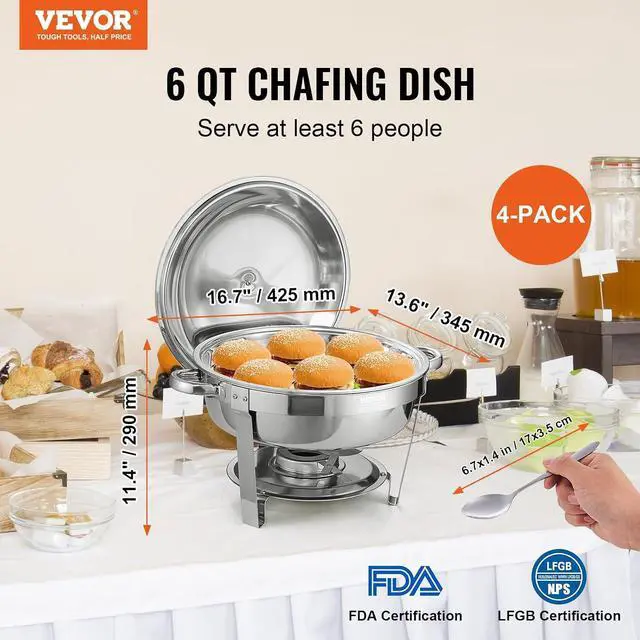 Alt view image 2 of 7 - Chafing Dish Buffet Set, 5 Qt 4 Pack, Stainless Steel Chafer with Full Size Pan, Round Catering Warmer Server with Lid Water Pan Stand Fuel Holder Cover Holder Spoon, for at Least 6 People Each