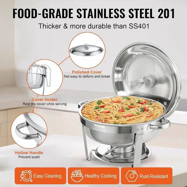Alt view image 3 of 7 - Chafing Dish Buffet Set, 5 Qt 4 Pack, Stainless Steel Chafer with Full Size Pan, Round Catering Warmer Server with Lid Water Pan Stand Fuel Holder Cover Holder Spoon, for at Least 6 People Each