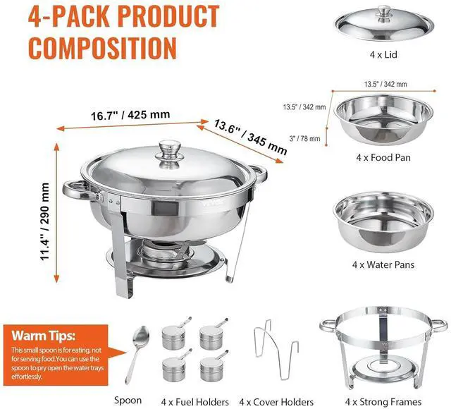 Alt view image 6 of 7 - Chafing Dish Buffet Set, 5 Qt 4 Pack, Stainless Steel Chafer with Full Size Pan, Round Catering Warmer Server with Lid Water Pan Stand Fuel Holder Cover Holder Spoon, for at Least 6 People Each