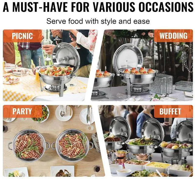 Alt view image 7 of 7 - Chafing Dish Buffet Set, 5 Qt 4 Pack, Stainless Steel Chafer with Full Size Pan, Round Catering Warmer Server with Lid Water Pan Stand Fuel Holder Cover Holder Spoon, for at Least 6 People Each
