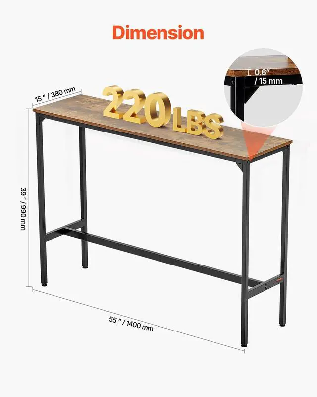 Alt view image 3 of 7 - Bar Table, Sturdy Metal Frame High Top Pub Table, Narrow Long Kitchen Dining, Cocktail Counter Bar Height Desk, Easy to Assemble, 55x15x39 in, for Living Room Party, Rustic Brown and Black