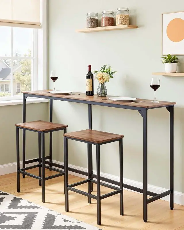 Alt view image 2 of 7 - Bar Table, Sturdy Metal Frame High Top Pub Table, Small Kitchen Dining, Cocktail Coffee Counter Bar Height Desk, Easy to Assemble, 63x16x36 in, for Living Room Party, Brown