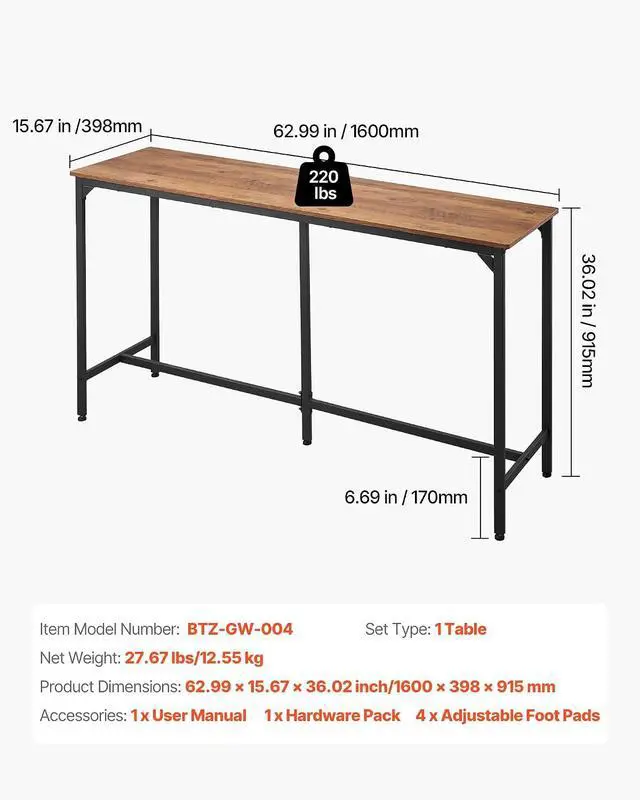 Alt view image 3 of 7 - Bar Table, Sturdy Metal Frame High Top Pub Table, Small Kitchen Dining, Cocktail Coffee Counter Bar Height Desk, Easy to Assemble, 63x16x36 in, for Living Room Party, Brown