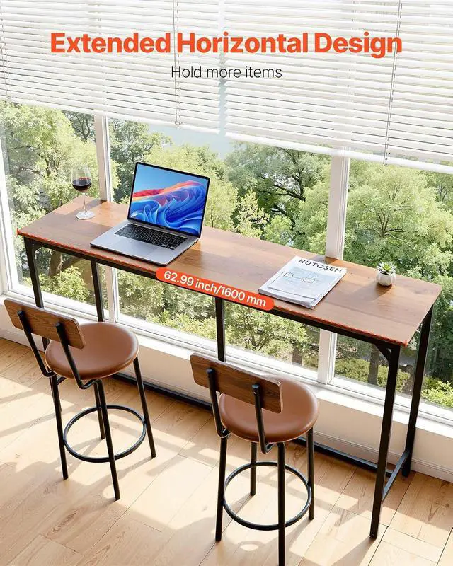 Alt view image 5 of 7 - Bar Table, Sturdy Metal Frame High Top Pub Table, Small Kitchen Dining, Cocktail Coffee Counter Bar Height Desk, Easy to Assemble, 63x16x36 in, for Living Room Party, Brown