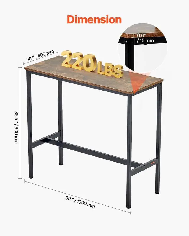 Alt view image 3 of 7 - Bar Table, Sturdy Metal Frame High Top Pub Table, Narrow Long Kitchen Dining, Cocktail Counter Bar Height Desk, Easy to Assemble,39x16x35.5 in, for Living Room Party, Rustic Brown and Black