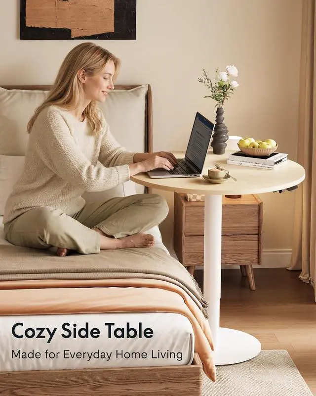 Alt view image 5 of 7 - Gas Spring Lift Sit-to-Stand Table, 23.62" Round Dining Bar Table with 25.8"40.8" Adjustable Height, Modern Multi-Purpose Table for People Sofa Side & Party(White Wood Grain)