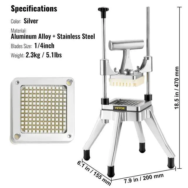 Alt view image 7 of 7 - Commercial Vegetable Fruit Chopper 1/4" Blade Heavy Duty Professional Food Dicer Kattex French Fry Cutter Onion Slicer Stainless Steel for Tomato Peppers Potato Mushroom