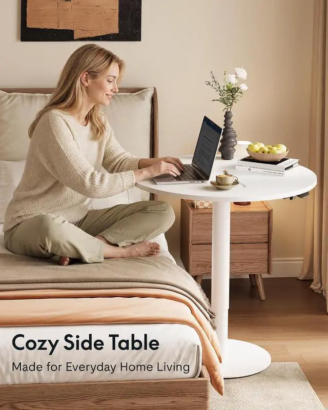 Alt view image 2 of 7 - Gas Spring Lift Sit-to-Stand Table, 27.56" Round Dining Bar Table with 25.8"40.8" Adjustable Height, Modern Multi-Purpose Kitchen Table for People Sofa Side & Party(White)