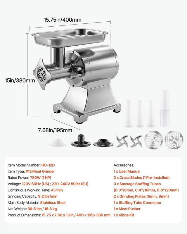 Alt view image 3 of 7 - Commercial Meat Grinder, #12 Electric Meat Mincer with 2 Plates, 3 Sausage Stuffing Tubes & Kibbe Kit, 552 Lbs/H Capacity, 750W/1HP Sausage Maker for Home Kitchens & Restaurants, ETL Listed