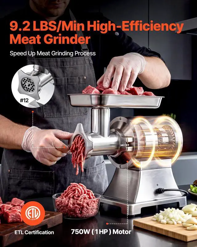 Alt view image 4 of 7 - Commercial Meat Grinder, #12 Electric Meat Mincer with 2 Plates, 3 Sausage Stuffing Tubes & Kibbe Kit, 552 Lbs/H Capacity, 750W/1HP Sausage Maker for Home Kitchens & Restaurants, ETL Listed