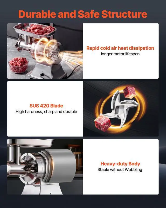 Alt view image 6 of 7 - Commercial Meat Grinder, #12 Electric Meat Mincer with 2 Plates, 3 Sausage Stuffing Tubes & Kibbe Kit, 552 Lbs/H Capacity, 750W/1HP Sausage Maker for Home Kitchens & Restaurants, ETL Listed