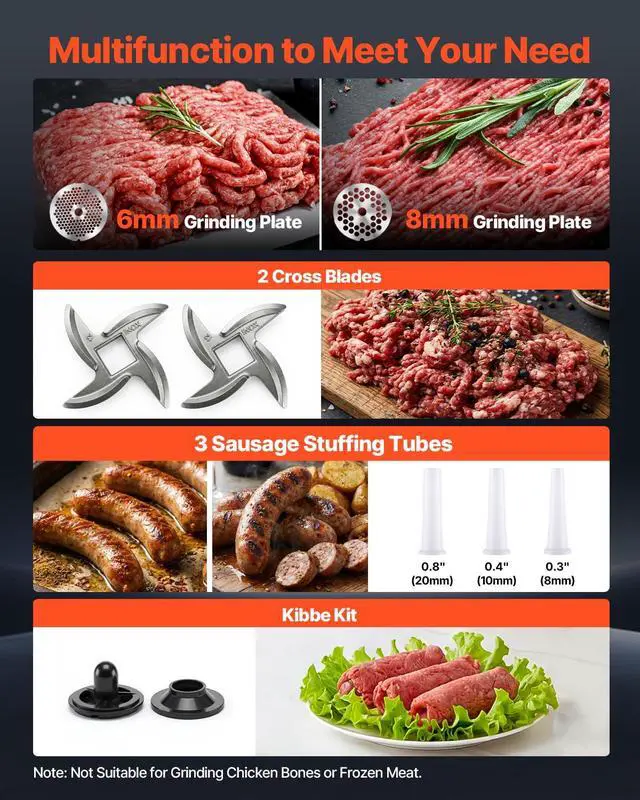Alt view image 5 of 7 - Commercial Meat Grinder, #12 Electric Meat Mincer with 2 Plates, 3 Sausage Stuffing Tubes & Kibbe Kit, 552 Lbs/H Capacity, 750W/1HP Sausage Maker for Home Kitchens & Restaurants, ETL Listed